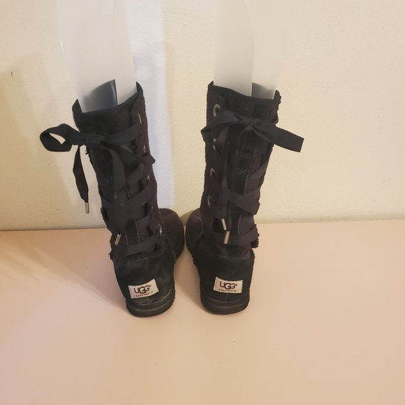 Ugg 8‎ Black Knit Winter Boots 1000693 Back Lace Up Sheepskin HEIRLOOM - Picture 4 of 9